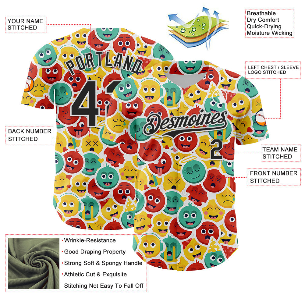 Custom White Black 3D Pattern Design Funny Cartoon Emoji Face Authentic Baseball Jersey - Sky-Custom
