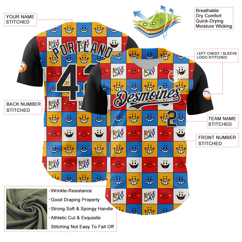 Custom White Black 3D Pattern Design Funny Cartoon Emoji Smile Face Authentic Baseball Jersey - Sky-Custom
