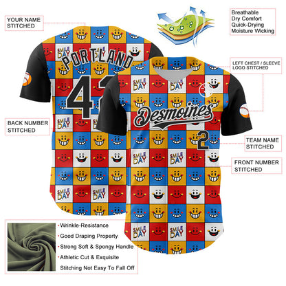 Custom White Black 3D Pattern Design Funny Cartoon Emoji Smile Face Authentic Baseball Jersey - Sky-Custom