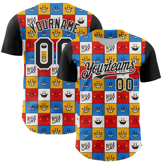 Custom White Black 3D Pattern Design Funny Cartoon Emoji Smile Face Authentic Baseball Jersey - Sky-Custom
