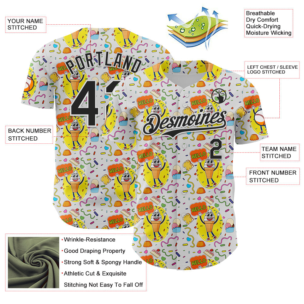 Custom White Black 3D Pattern Design Funny Cartoon Food Dessert Ice Ceam Authentic Baseball Jersey - Sky-Custom