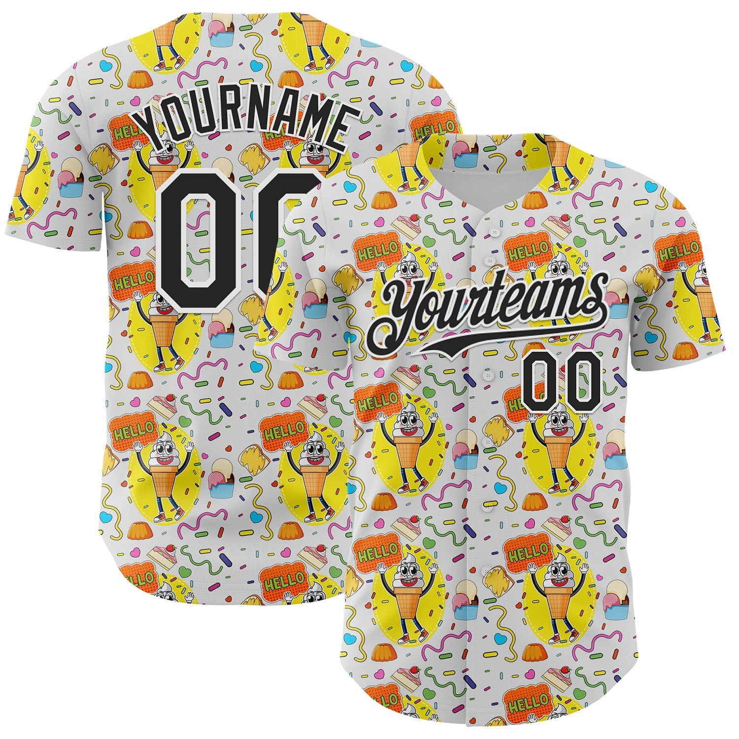 Custom White Black 3D Pattern Design Funny Cartoon Food Dessert Ice Ceam Authentic Baseball Jersey - Sky-Custom