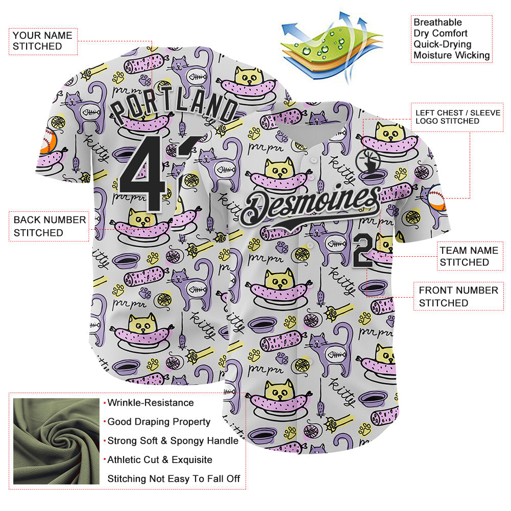 Custom White Black 3D Pattern Design Funny Cartoon Animal Cat And Dog Authentic Baseball Jersey - Sky-Custom