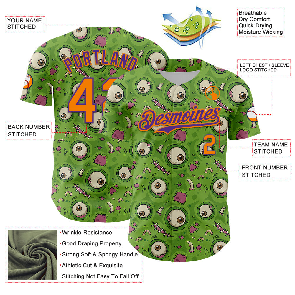 Custom Green Bay Orange-Purple 3D Pattern Design Funny Cartoon Monster Authentic Baseball Jersey - Sky-Custom