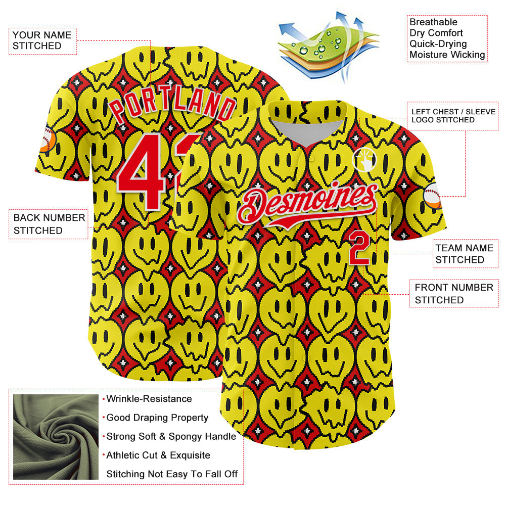 Custom Fire Red White 3D Pattern Design Funny Cartoon Emoji Smile Face Authentic Baseball Jersey - Sky-Custom