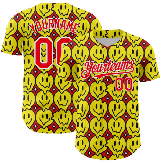 Custom Fire Red White 3D Pattern Design Funny Cartoon Emoji Smile Face Authentic Baseball Jersey - Sky-Custom