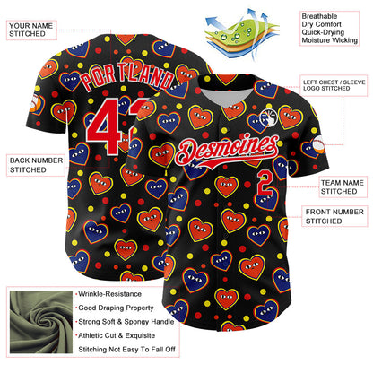 Custom Black Fire Red-White 3D Pattern Design Funny Cartoon Heart Authentic Baseball Jersey - Sky-Custom