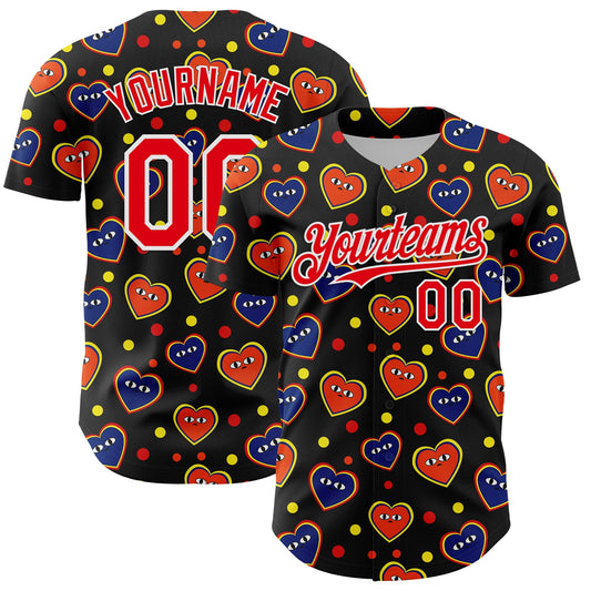 Custom Black Fire Red-White 3D Pattern Design Funny Cartoon Heart Authentic Baseball Jersey - Sky-Custom