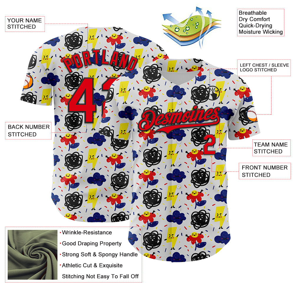Custom White Fire Red-Black 3D Pattern Design Funny Cartoon Flower Cloud Lightning Authentic Baseball Jersey - Sky-Custom