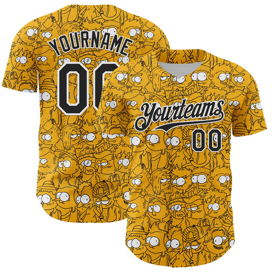 Custom Gold Black-White 3D Pattern Design Funny Cartoon People Authentic Baseball Jersey - Sky-Custom