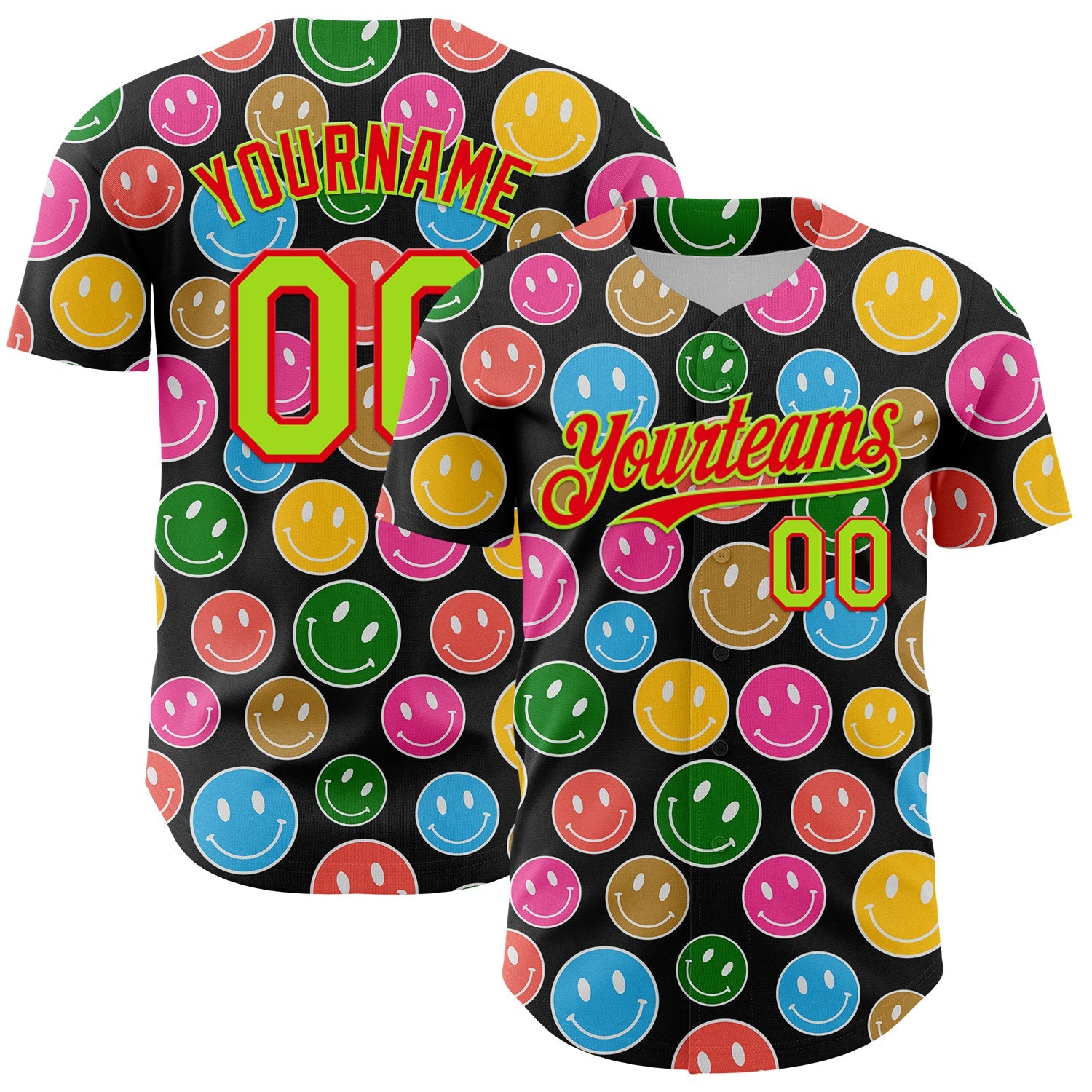 Custom Black Neon Green-Fire Red 3D Pattern Design Funny Cartoon Emoji Smile Face Authentic Baseball Jersey - Sky-Custom
