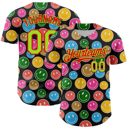 Custom Black Neon Green-Fire Red 3D Pattern Design Funny Cartoon Emoji Smile Face Authentic Baseball Jersey - Sky-Custom
