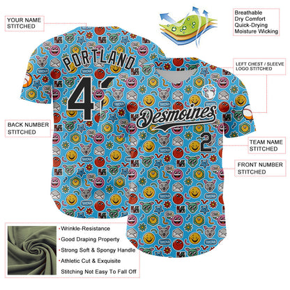 Custom Sky Blue Black-White 3D Pattern Design Funny Cartoon Emoji Authentic Baseball Jersey - Sky-Custom