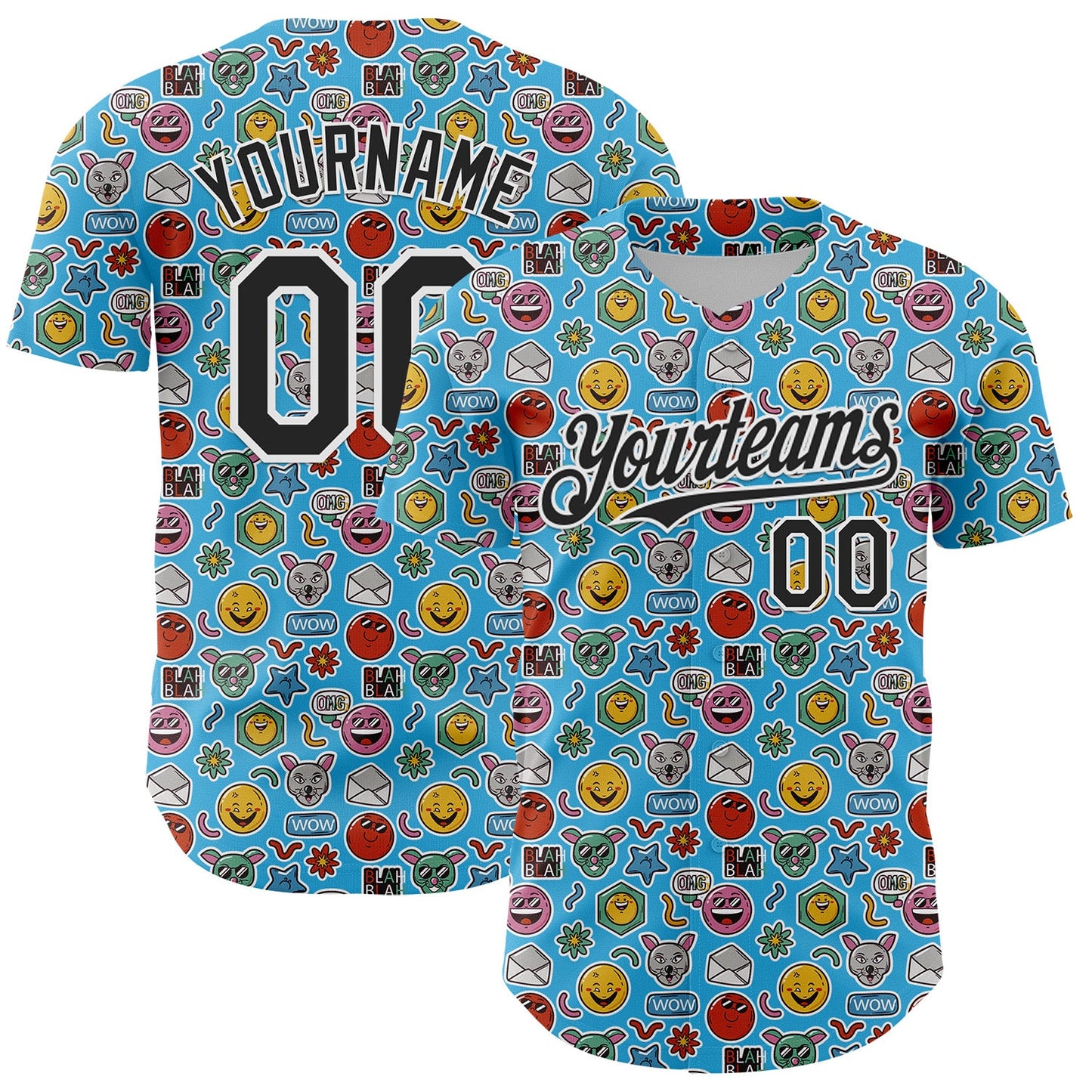 Custom Sky Blue Black-White 3D Pattern Design Funny Cartoon Emoji Authentic Baseball Jersey - Sky-Custom