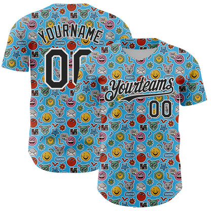 Custom Sky Blue Black-White 3D Pattern Design Funny Cartoon Emoji Authentic Baseball Jersey - Sky-Custom