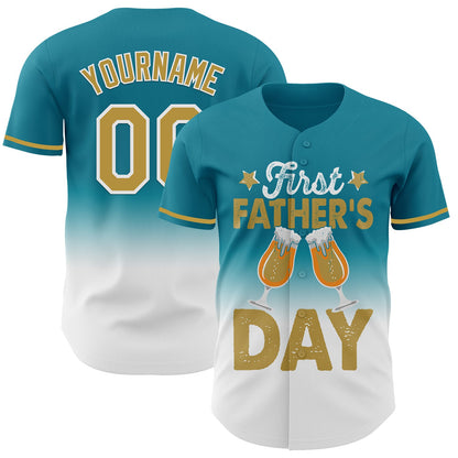 Custom Teal Old Gold-White 3D Pattern Design Father's Day Beer Lover Fade Authentic Baseball Jersey - Sky-Custom