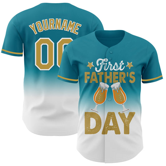 Custom Teal Old Gold-White 3D Pattern Design Father's Day Beer Lover Fade Authentic Baseball Jersey - Sky-Custom