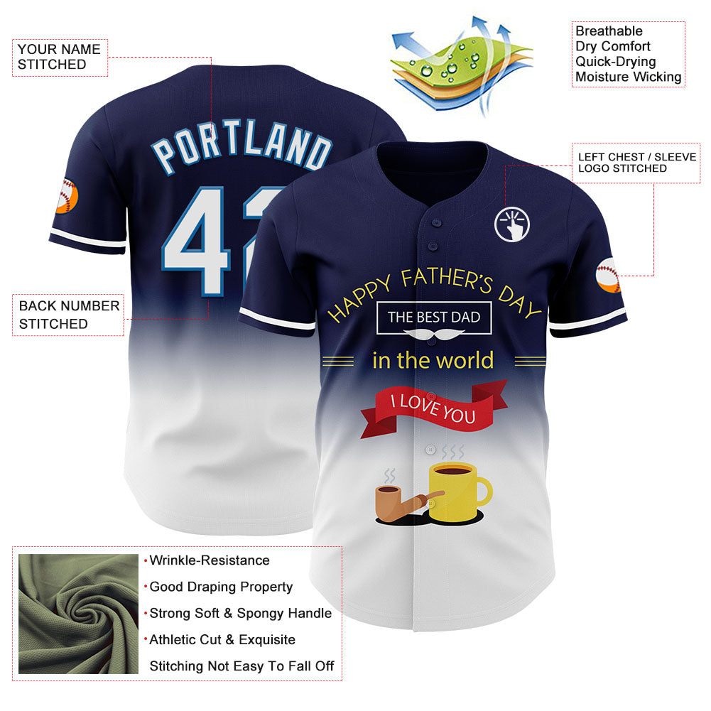 Custom Navy White-Blue 3D Pattern Design Father's Day Fade Authentic Baseball Jersey - Sky-Custom