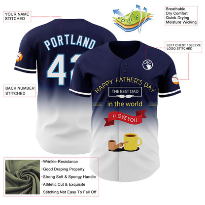 Custom Navy White-Blue 3D Pattern Design Father's Day Fade Authentic Baseball Jersey - Sky-Custom