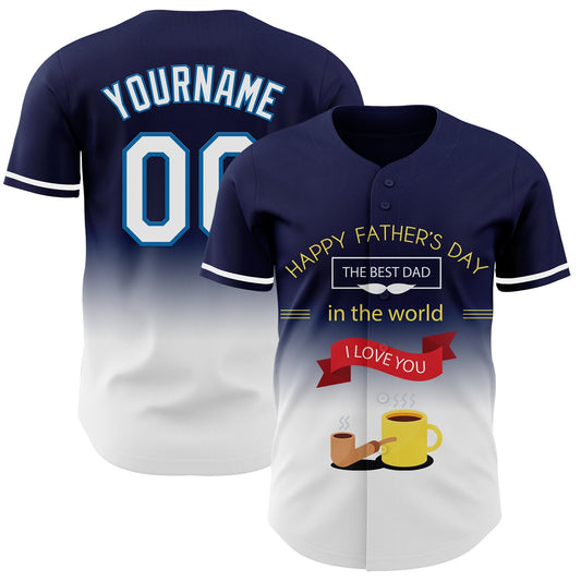 Custom Navy White-Blue 3D Pattern Design Father's Day Fade Authentic Baseball Jersey - Sky-Custom