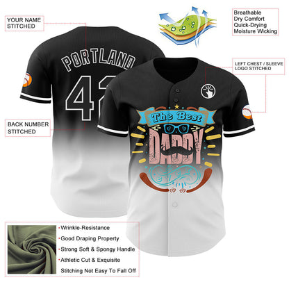 Custom Black White 3D Pattern Design Father's Day Fade Authentic Baseball Jersey - Sky-Custom
