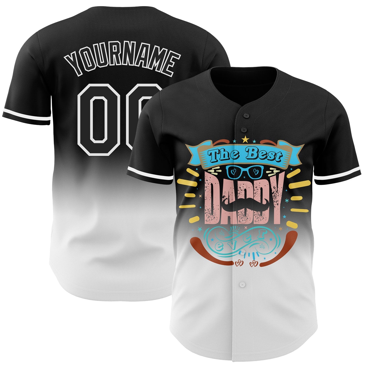 Custom Black White 3D Pattern Design Father's Day Fade Authentic Baseball Jersey - Sky-Custom