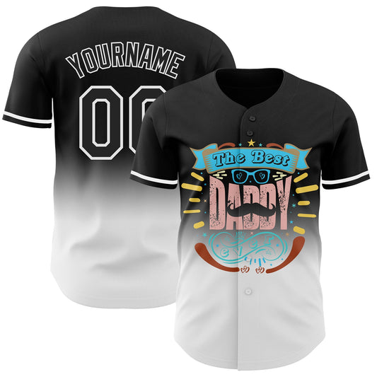 Custom Black White 3D Pattern Design Father's Day Fade Authentic Baseball Jersey - Sky-Custom