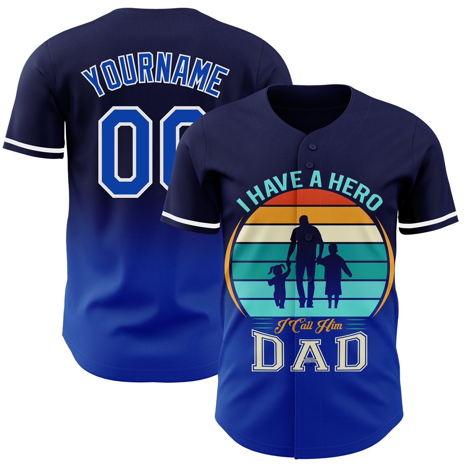Custom Navy Thunder Blue-White 3D Pattern Design Father's Day Family Love Fade Authentic Baseball Jersey - Sky-Custom