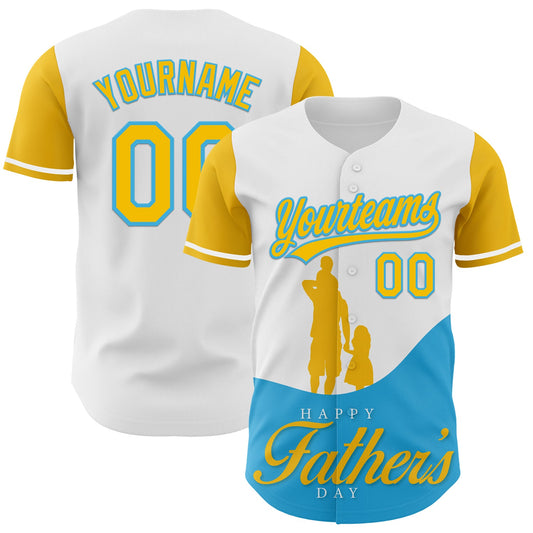 Custom White Yellow-Sky Blue 3D Pattern Design Father's Day Family Love Authentic Baseball Jersey - Sky-Custom