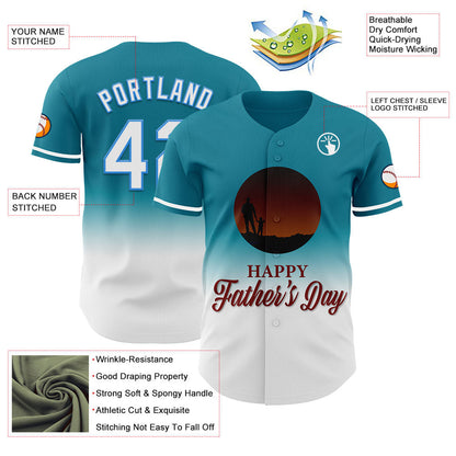 Custom Teal White-Electric Blue 3D Pattern Design Father's Day Family Love Fade Authentic Baseball Jersey - Sky-Custom