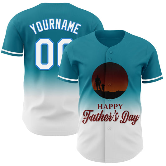 Custom Teal White-Electric Blue 3D Pattern Design Father's Day Family Love Fade Authentic Baseball Jersey - Sky-Custom