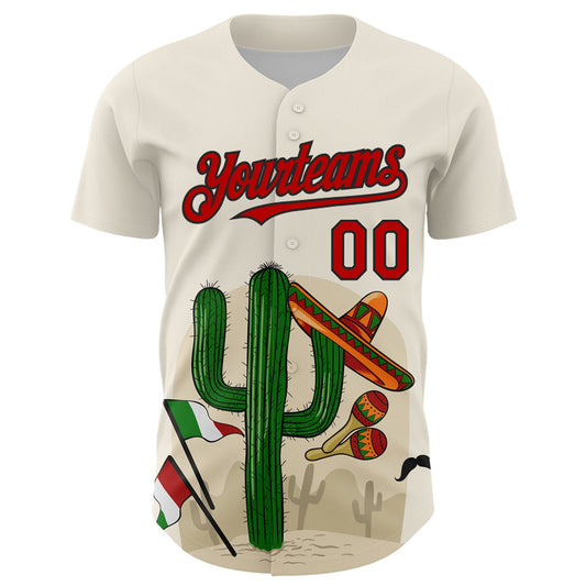 Custom Cream Red-Black 3D Mexican Festival Cactus Sombrero And Flag Cinco de Mayo Authentic Baseball Jersey - Sky-Custom