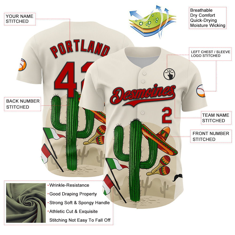 Custom Cream Red-Black 3D Mexican Festival Cactus Sombrero And Flag Cinco de Mayo Authentic Baseball Jersey - Sky-Custom