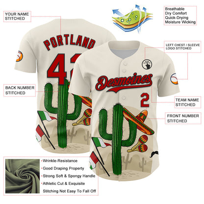 Custom Cream Red-Black 3D Mexican Festival Cactus Sombrero And Flag Cinco de Mayo Authentic Baseball Jersey - Sky-Custom