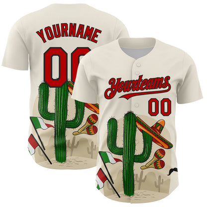 Custom Cream Red-Black 3D Mexican Festival Cactus Sombrero And Flag Cinco de Mayo Authentic Baseball Jersey - Sky-Custom