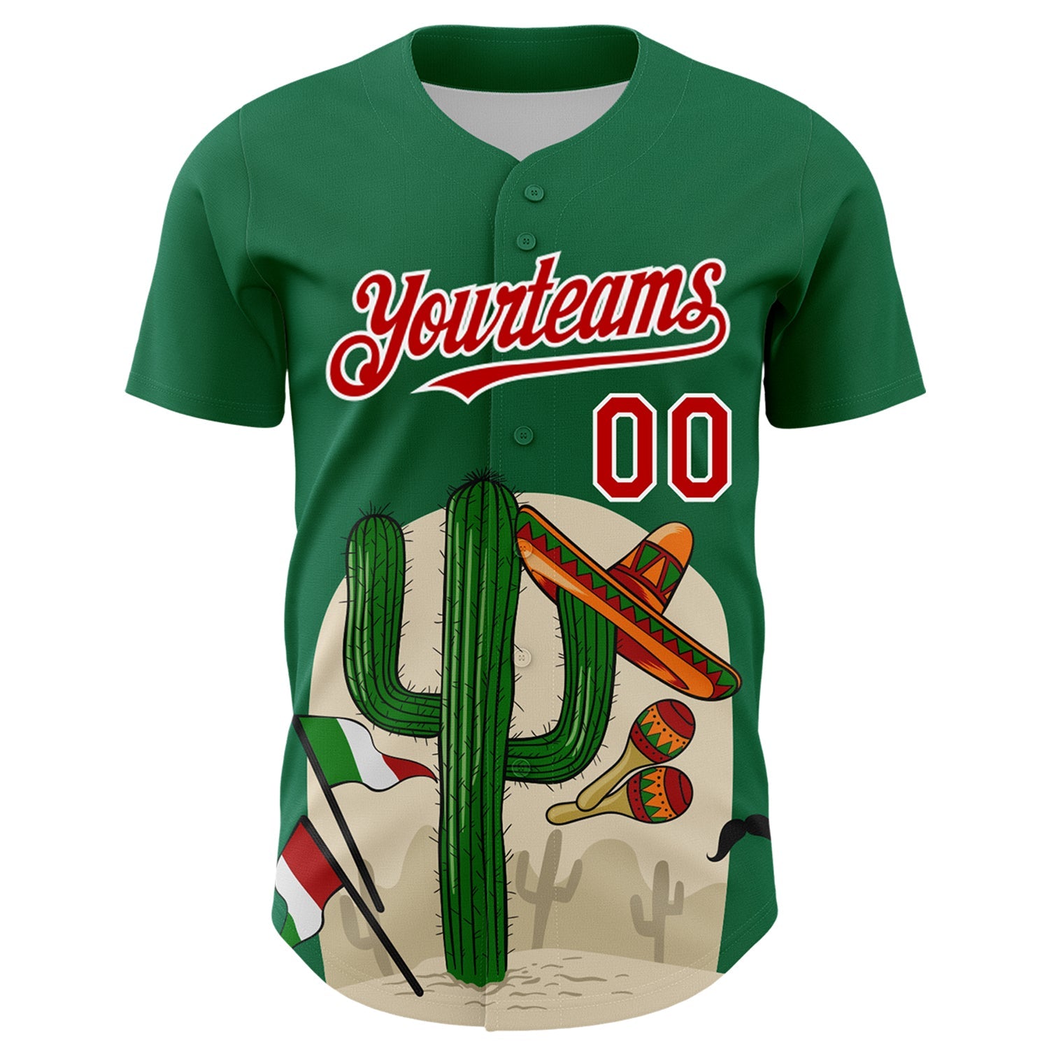 Custom Kelly Green Red-White 3D Mexican Festival Cactus Sombrero And Flag Cinco de Mayo Authentic Baseball Jersey - Sky-Custom