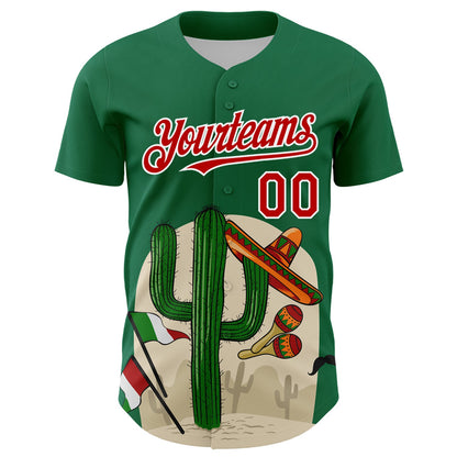 Custom Kelly Green Red-White 3D Mexican Festival Cactus Sombrero And Flag Cinco de Mayo Authentic Baseball Jersey - Sky-Custom