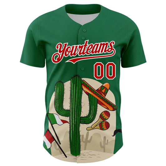 Custom Kelly Green Red-White 3D Mexican Festival Cactus Sombrero And Flag Cinco de Mayo Authentic Baseball Jersey - Sky-Custom