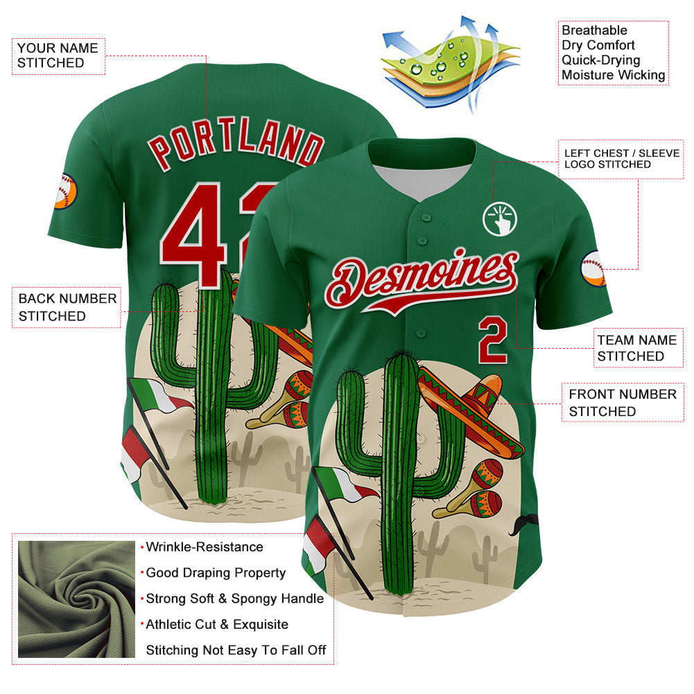 Custom Kelly Green Red-White 3D Mexican Festival Cactus Sombrero And Flag Cinco de Mayo Authentic Baseball Jersey - Sky-Custom