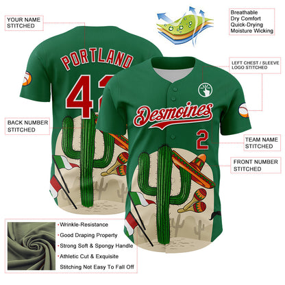 Custom Kelly Green Red-White 3D Mexican Festival Cactus Sombrero And Flag Cinco de Mayo Authentic Baseball Jersey - Sky-Custom