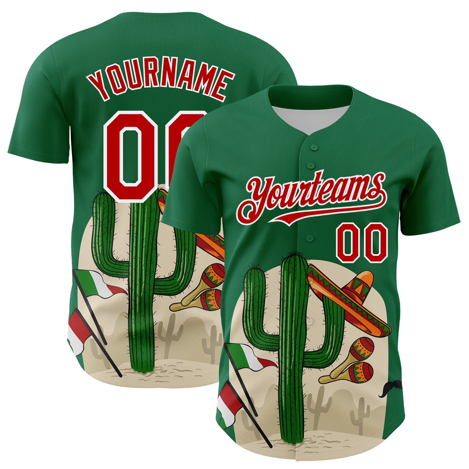 Custom Kelly Green Red-White 3D Mexican Festival Cactus Sombrero And Flag Cinco de Mayo Authentic Baseball Jersey - Sky-Custom