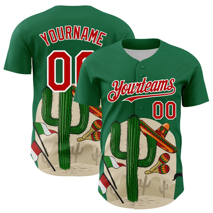 Custom Kelly Green Red-White 3D Mexican Festival Cactus Sombrero And Flag Cinco de Mayo Authentic Baseball Jersey - Sky-Custom