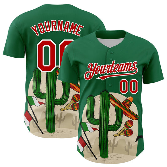 Custom Kelly Green Red-White 3D Mexican Festival Cactus Sombrero And Flag Cinco de Mayo Authentic Baseball Jersey - Sky-Custom
