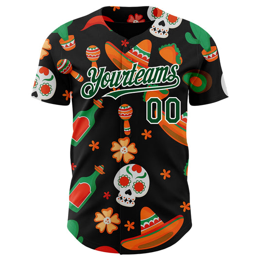 Custom Black Green-White 3D Mexican Festival Sombrero And Skull Cinco de Mayo Authentic Baseball Jersey - Sky-Custom
