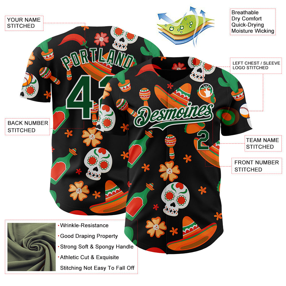 Custom Black Green-White 3D Mexican Festival Sombrero And Skull Cinco de Mayo Authentic Baseball Jersey - Sky-Custom
