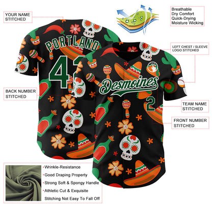 Custom Black Green-White 3D Mexican Festival Sombrero And Skull Cinco de Mayo Authentic Baseball Jersey - Sky-Custom