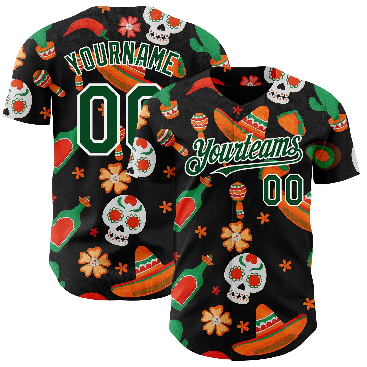 Custom Black Green-White 3D Mexican Festival Sombrero And Skull Cinco de Mayo Authentic Baseball Jersey - Sky-Custom