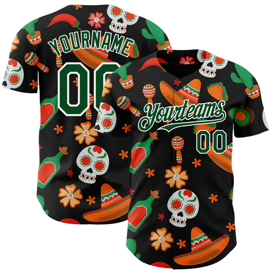 Custom Black Green-White 3D Mexican Festival Sombrero And Skull Cinco de Mayo Authentic Baseball Jersey - Sky-Custom