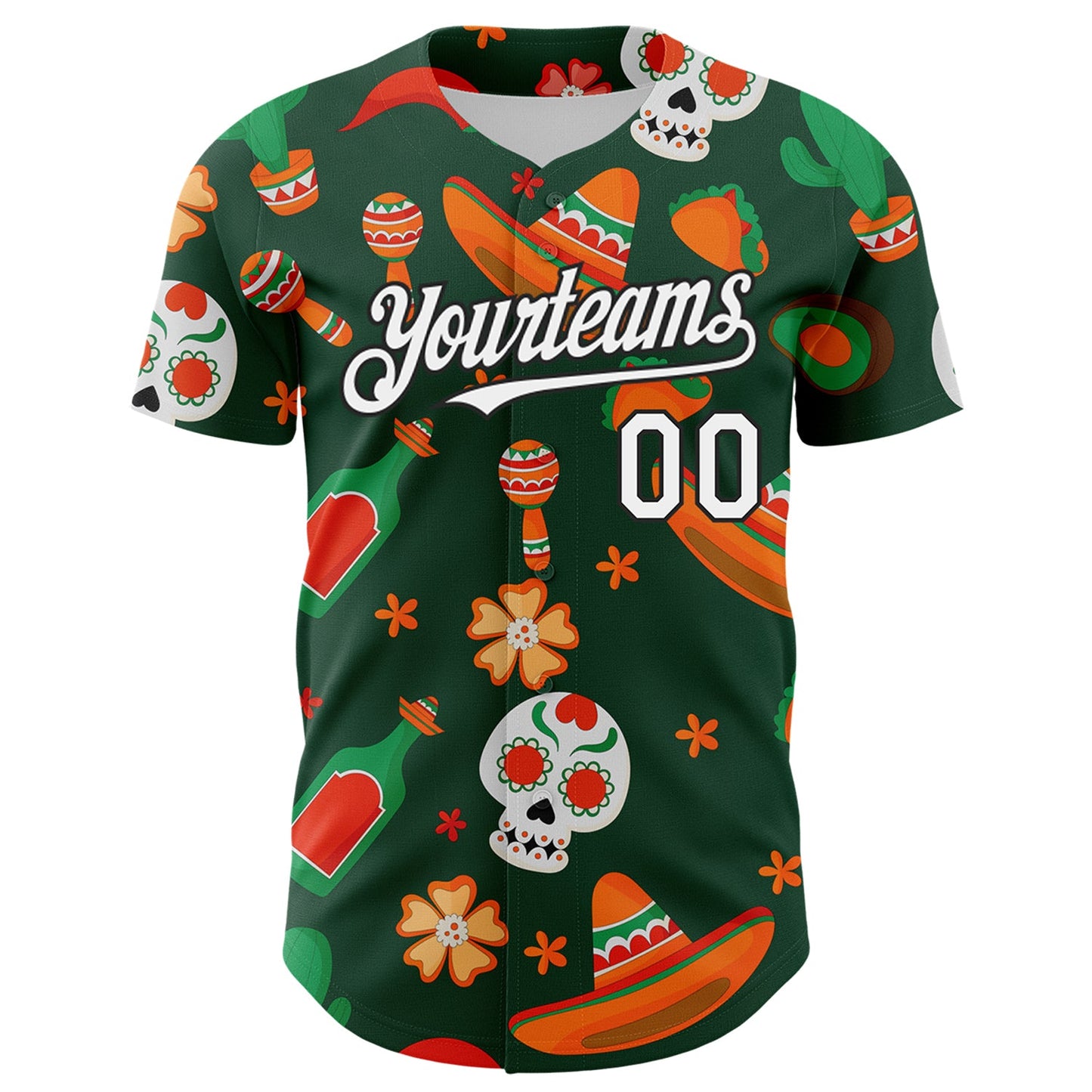 Custom Green White-Black 3D Mexican Festival Sombrero And Skull Cinco de Mayo Authentic Baseball Jersey - Sky-Custom