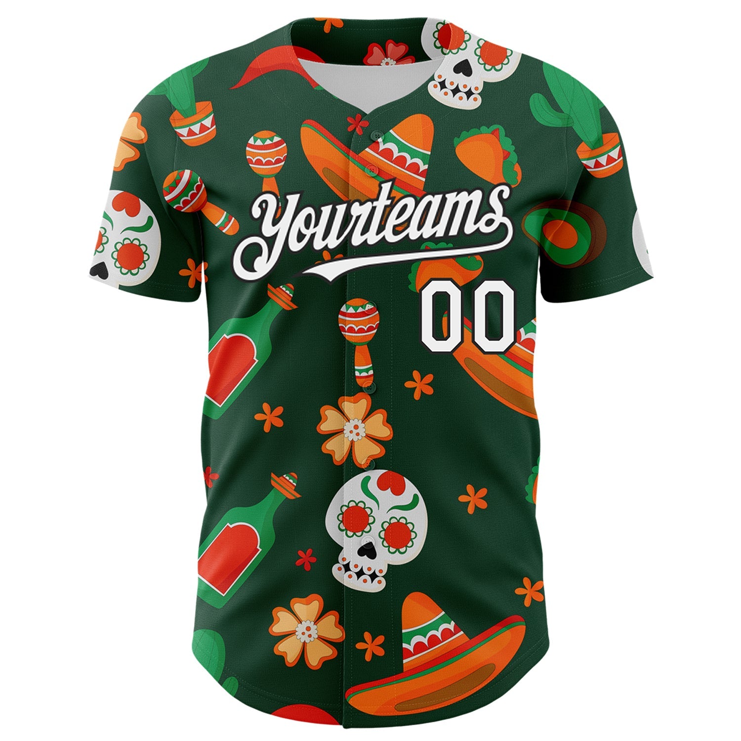 Custom Green White-Black 3D Mexican Festival Sombrero And Skull Cinco de Mayo Authentic Baseball Jersey - Sky-Custom